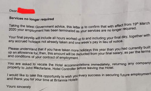 Britannia-owned hotel sacks staff amid government coronavirus advice